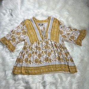 Rachel Zoe Boho Ruffle Trumpet Yellow/White Floral Tunic Top Women's Sz S